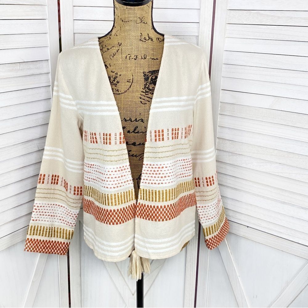 Soft Surroundings Cardigan Womens Small Juliet Woven Tassel Topper Jacket Beige